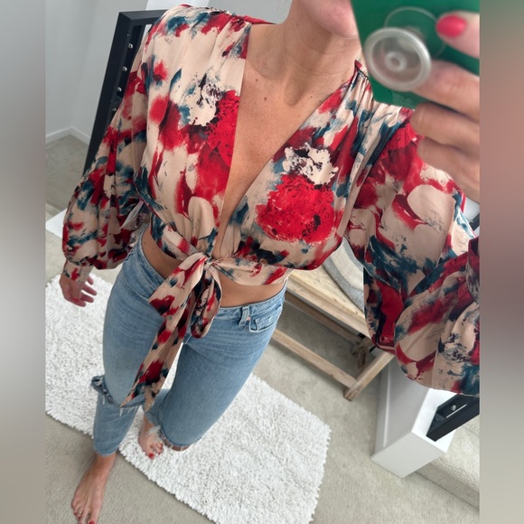 ACOA red & tan holiday dinner date cropped tie long sleeve blouse sexy NWT M - Picture 4 of 15